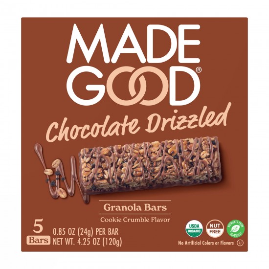 MadeGood Chocolate Drizzled Cookie Crumble Granola Bars, 5 Healthy Snack Bars, 0.78 oz Each