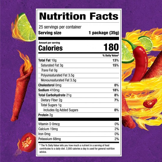 Takis Mini Fuego Rolled Spicy Tortilla Chips, Hot Chili Pepper Lime Flavored, Multipack 25 Individual Snack Packs, 1.23 Ounces Each, Net Weight of 30.75 Ounces