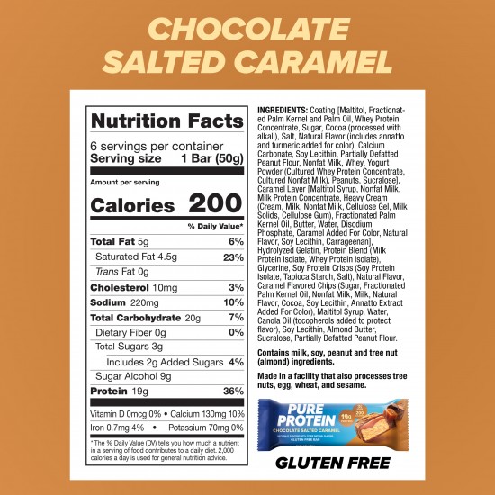 Pure Protein Bars, Chocolate Salted Caramel, 19g Protein, Gluten Free, 1.76 oz, 6 Ct