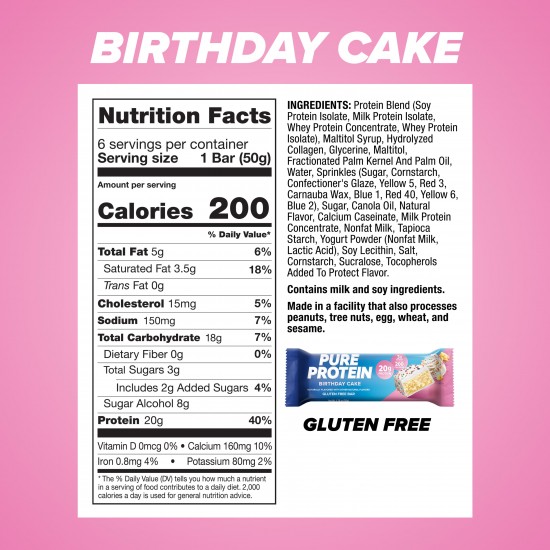 Pure Protein Bars, Birthday Cake, 20g Protein, 1.76 oz, 6 Ct