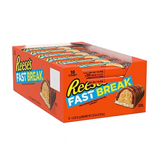 REESE'S, FAST BREAK Milk Chocolate covered Peanut Butter and Nougat Candy, Bulk Candy, 1.8 oz, Bar (18 ct)