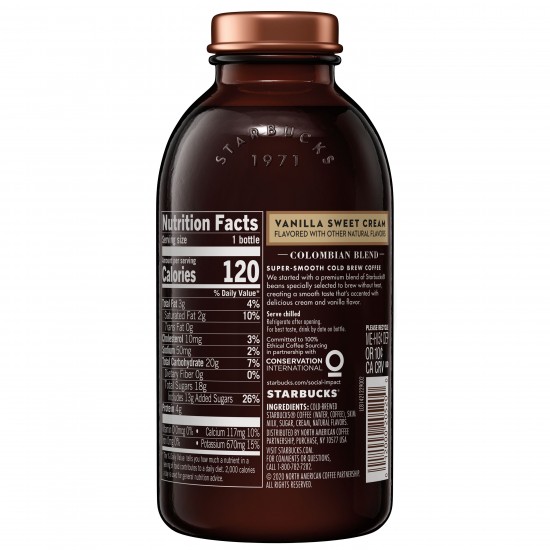 Starbucks Cold Brew Vanilla Sweet Cream Premium Coffee, 11 oz Glass Bottle