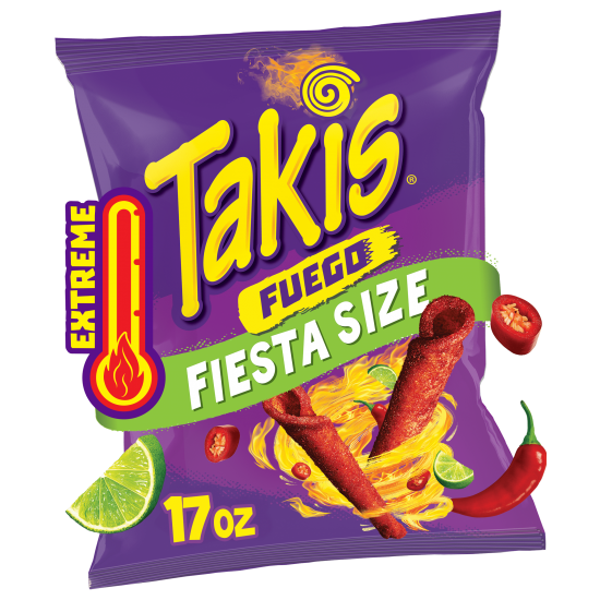 Takis Fuego Rolled Spicy Tortilla Chips, Hot Chili Pepper Lime Flavored Hot Chips, 17 Ounce Fiesta Size Bag